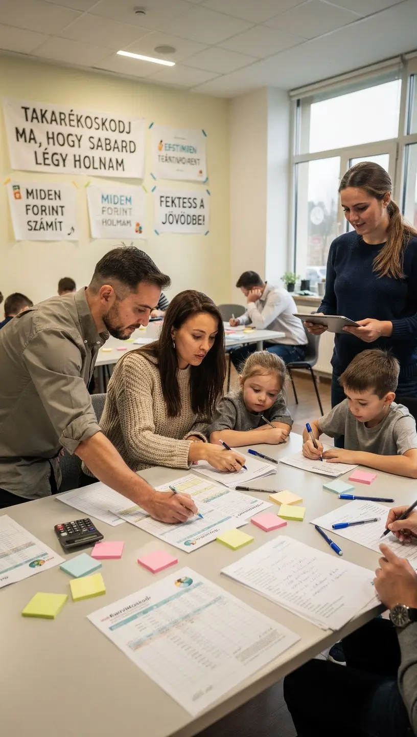 Pénzügyi oktató előadás egy konferenciateremben, hallgatók figyelnek jegyzetfüzettel.