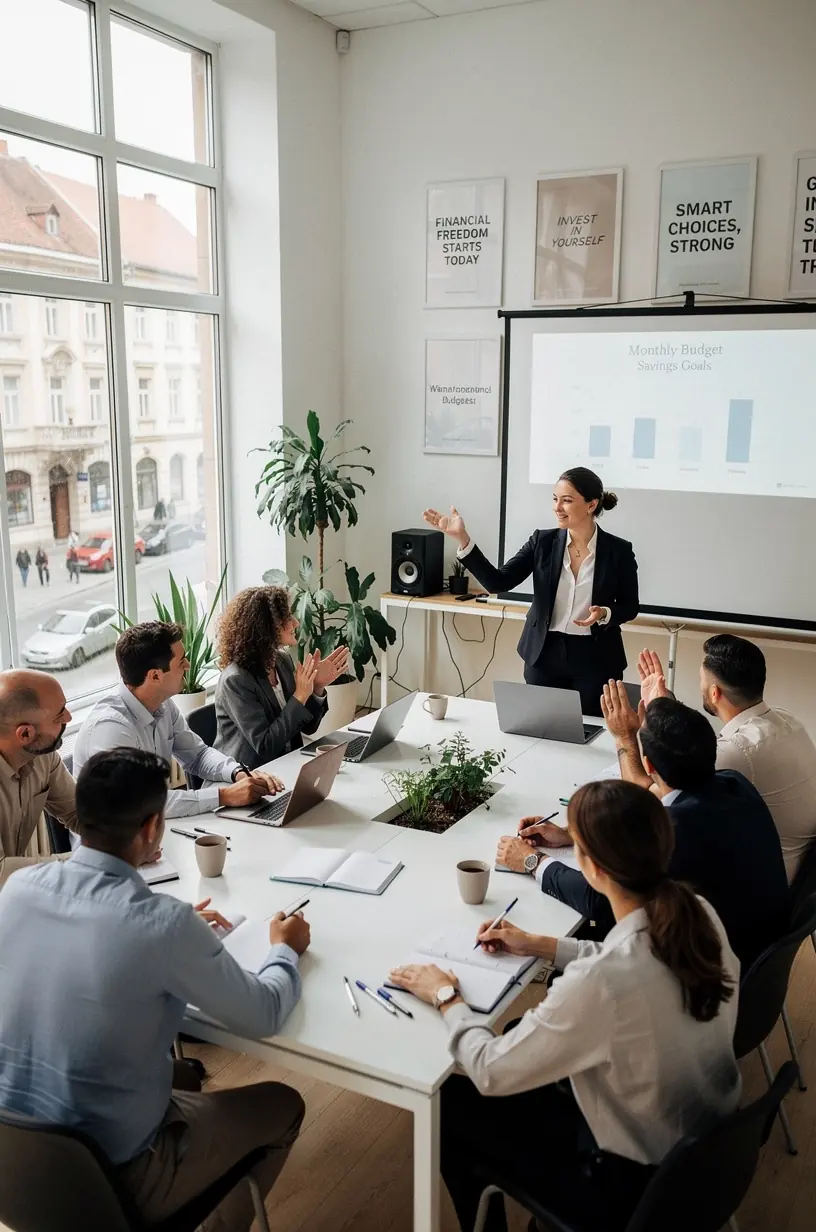 Személyes pénzügyek könyvvásár standja, ahol érdeklődők böngésznek a kínálatban.